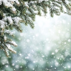 Obraz premium christmas tree branch border with snow frame and light bokeh background for product placement montage promotion mock up with copy space super saturday sale shopping day or christmas shopping 