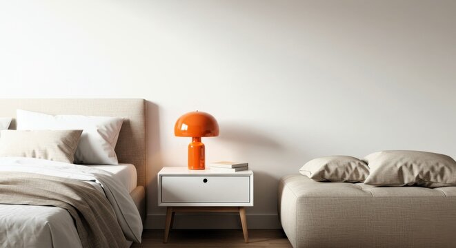 Stylish white bedroom with modern orange accent lamp and cozy decor