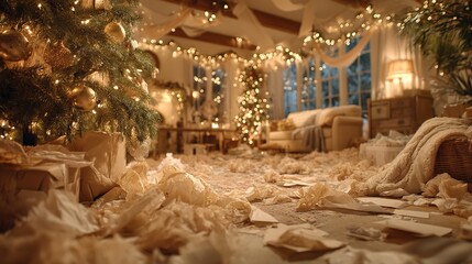 Warm living room scene after Christmas, with a decorated tree surrounded by torn off-white wrapping paper, a lit lamp in the blurred background, bathed in the soft glow of string lights