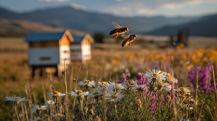Bees hover over wildflowers near beehives at meadow edge during golden hour, creating serene and vibrant scene