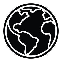 Black and white graphic icon of the planet Earth globe world