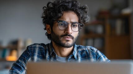 young serious indian professional business man focused ethnic male student wearing glasses working on laptop remote studying using computer looking at screen watching seminar webinar at home office n