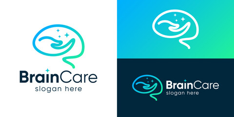 Creative modern brain care logo template. Simple brain with hand for Mind health logo design vector illustration.