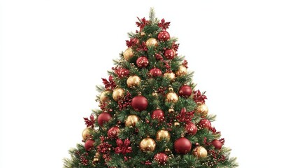 decorated christmas tree gold red ornaments white background