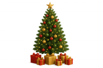 Obraz premium Christmas tree with star, glowing lights, and wrapped gifts, celebrating holiday season, transparent background