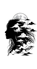 Silhouette Woman with Clouds and Moon.