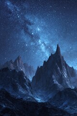 Majestic, dark-blue mountain range silhouetted against a vibrant, star-filled Milky Way galaxy backdrop.  A serene, nocturnal landscape