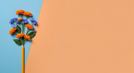 bright flowers, modern flatlay, dual tone, color contrast, floral composition