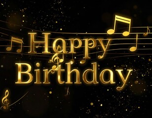 Golden happy birthday greeting on musical notes