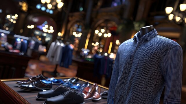 Mannequin displays blue dress shirt next to folded mens clothing items on table in store
