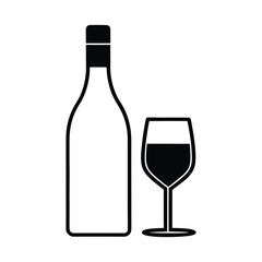 Black and white icon of wine bottle and glass with dark liquid wine glass beverage