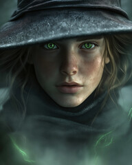 A close-up portrait of a young witch with pale skin and striking green eyes, wearing a wide-brimmed hat and dark cloak, standing in a misty forest.