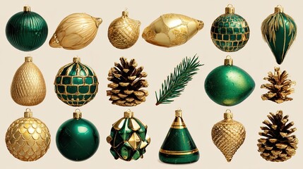 a delightful collection of gold and green christmas ornaments pine cones and festive shapes isolated on transparent background