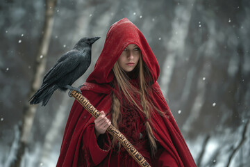 A witch in a red cloak walking through a snowy forest with a raven on her shoulder, holding a staff carved with runes.