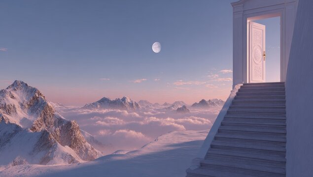 A white door, ajar, sits atop a staircase leading to a breathtaking panorama of snow-capped mountains and a serene, cloud-filled valley under a pale moonlit sky - Powered by Adobe