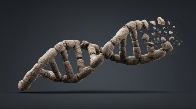 Abstract representation of a DNA double helix structure made of rocks, symbolizing genetic foundation and scientific advancements in biology and evolution