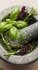 Mortar and pestle with fresh herbs