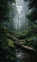 Obraz premium Misty forest path, a small stream flows through fallen logs and lush green vegetation under a canopy of tall trees in a foggy, tranquil scene