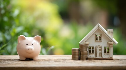 real estate sale home savings loans market concept housing industry mortgage plan and residential tax saving strategy piggy bank isolated outside home on background focus on piggybank homeowner  no l