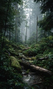 Misty forest path, a small stream flows through fallen logs and lush green vegetation under a canopy of tall trees in a foggy, tranquil scene