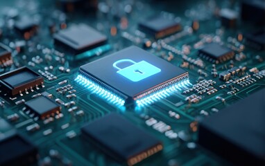 A close-up view of a circuit board with a glowing security lock icon on a central chip, highlighting advanced digital security technology.
