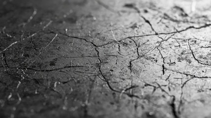 Obraz premium Detailed macro photograph highlights a cracked surface in varying shades of gray, showing intricate lines and textures; it presents an aged, weathered, and damaged appearance with shallow depth of...
