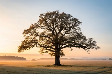 Fototapeta premium Lone Tree Silhouette in Golden Field at Sunrise with a Hazy Blue Sky Background