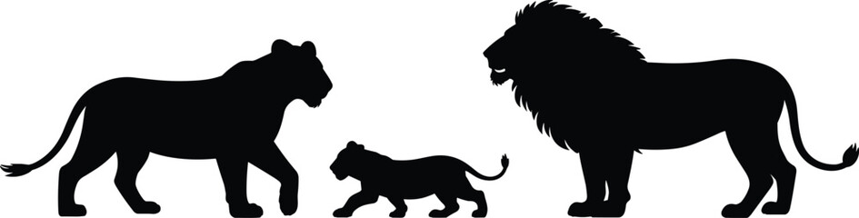 Lion family silhouette illustration, male female cub design, wildlife unity concept, animal kingdom bond, safari nature art, parental protection scene, majestic feline trio