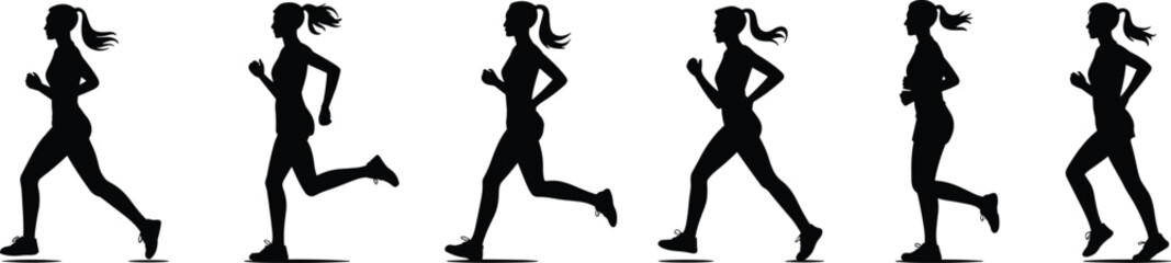 Running motion silhouette sequence, athletic movement illustration, dynamic jogging poses, ponytail runner design, sports biomechanics concept, physical activity art, fitness progression graphic