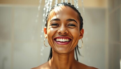 Smiling, radiant figure fresh from shower, nude background,  comfort,  serene