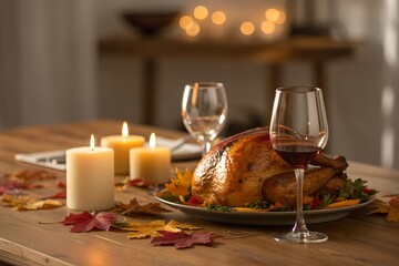 Roasted Turkey with Red Wine and Candles on Wooden Table in Warm Light
