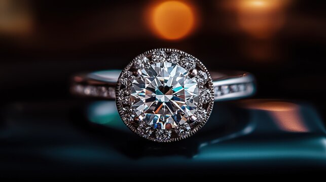A luxurious diamond engagement ring displayed on a velvet surface with intricate details and sparkling gemstones