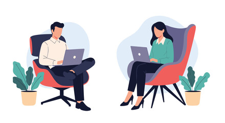 Two people working remotely on their laptops in comfortable chairs.