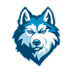 Naklejka premium Powerful blue wolf head mascot vector illustration with intense gaze, strong wild canine animal graphic for sports teams