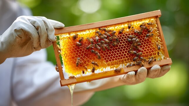 Beekeeping in action with a beekeeper harvesting honeycomb during daylight in a lush green environment