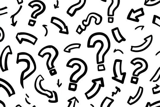 A seamless pattern of hand-drawn question marks and arrows