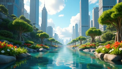 A picturesque cityscape blends nature and urban development, showcasing a serene river lined with lush greenery, trees, and colorful flowers, creating a vibrant contrast against towering skyscrapers.