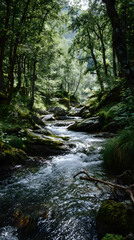 Obraz premium Lush green forest with sunlight filtering through tall trees, river flowing over rocks, tranquil and refreshing atmosphere, vibrant foliage, serene nature landscape