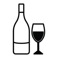 Black outline of wine bottle and glass with red wine glass beverage