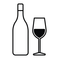Black outline of wine bottle and wine glass with dark liquid drink beverage