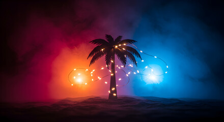 Obraz premium Vibrant palm tree glowing with pink and blue neon light, standing in misty tropical atmosphere. Perfect for retro wave, vacation, or nightlife design.