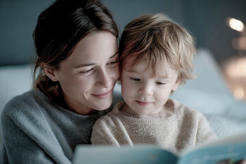 Mother and son reading a bedtime story in cozy bedroom