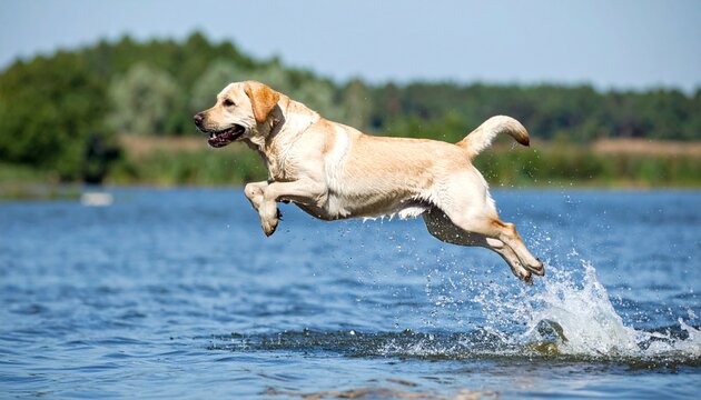 Labrador Retriever leaps and splashes in water during outdoor playtime and activity