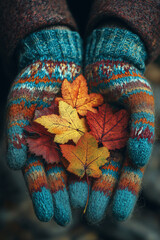 Close-up of knitted gloves holding a handful of bright autumn leaves, cozy seasonal mood.