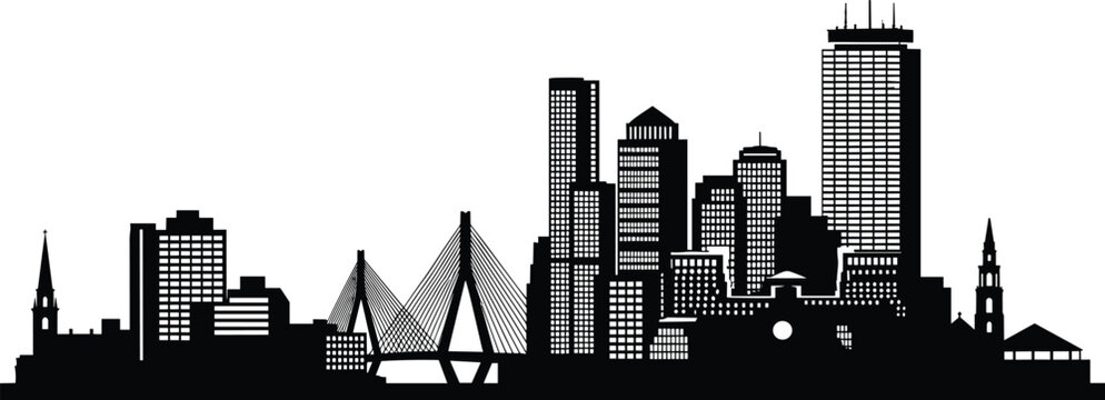 "Black and white Boston skyline vector with Zakim Bridge, Prudential Tower, church steeples, city silhouette for architectural design themes"