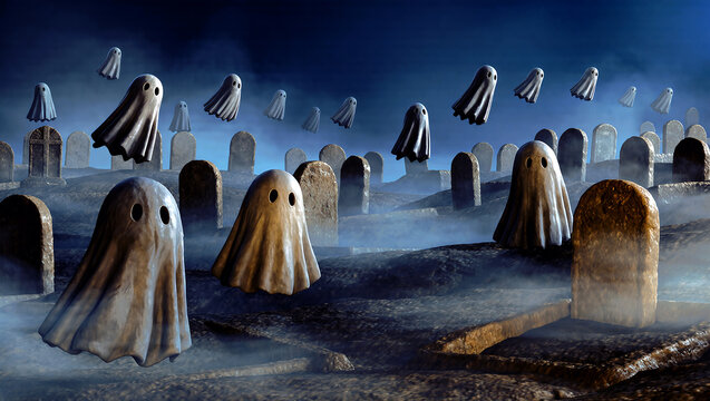 Spooky Graveyard Scene with Flying Ghosts