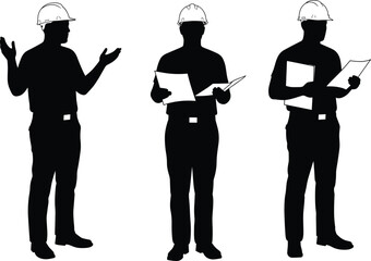 "Black and white construction worker silhouette vector set with hard hats, blueprints, gestures, engineering roles for industrial design use"
