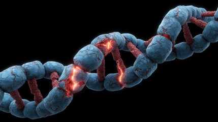 3D Illustration of DNA Structure Highlighting Helix with Red Molecular Connections and Blue Nucleotides in a Scientific and Biochemical Background