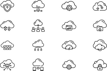 Cloud computing icons set, representing various cloud services and functions such as security, data transfer, networking, and storage, isolated on transparent background