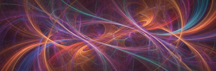 Bright, energetic fractal waves of blue, teal, magenta, and orange light.